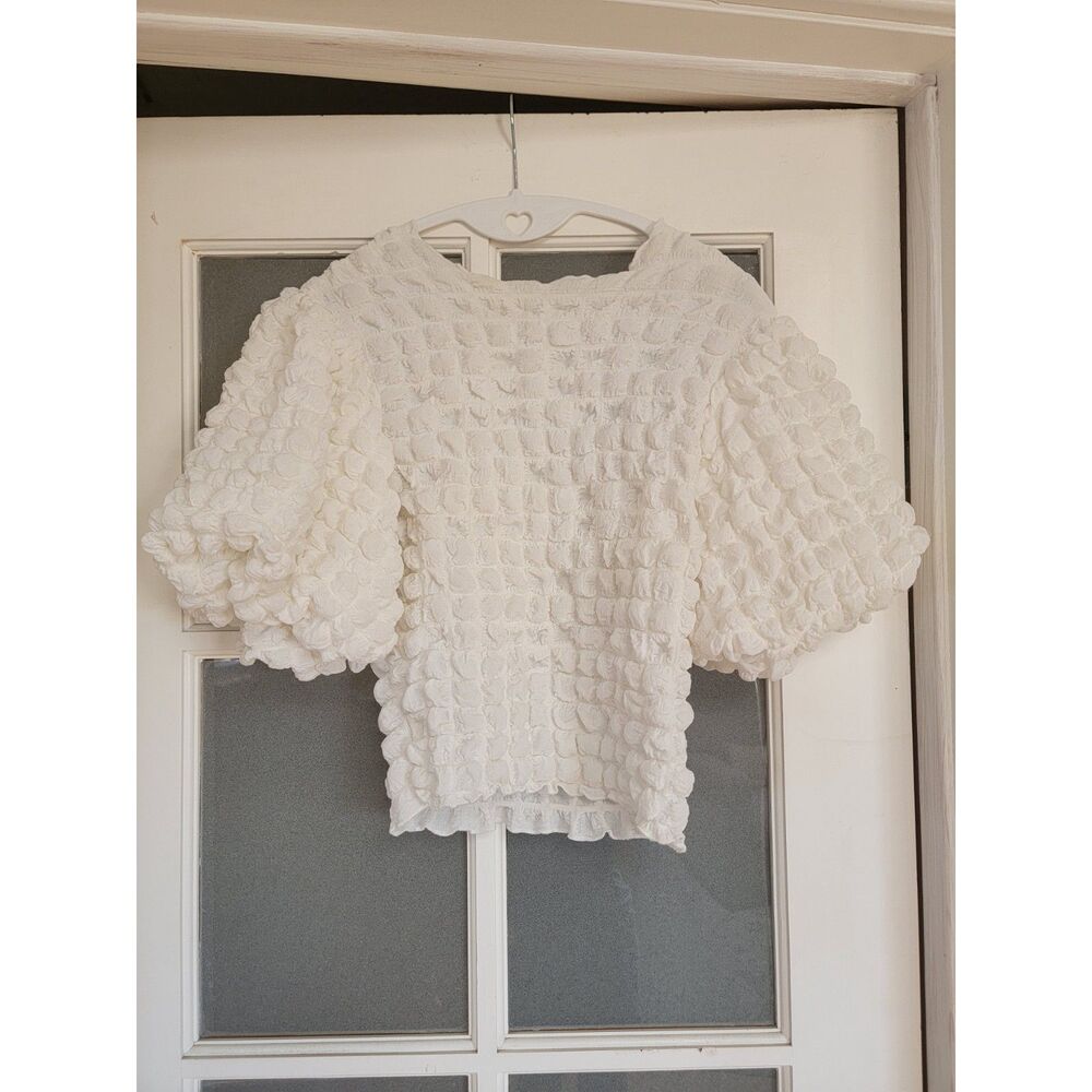 Anthropologie Eri + Ali Textured Puff-Sleeve Top White Extra Small XS